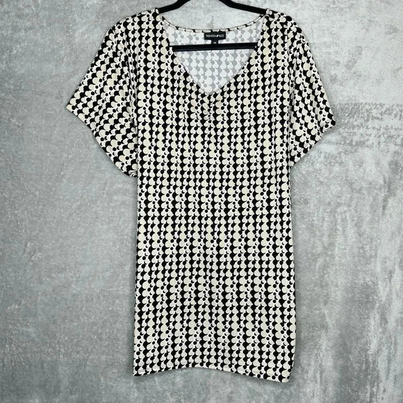 Fashion Bug 2X Shirt Top Brown Geometric Short Sleeve V Neck Stretch Casual - Picture 1 of 7